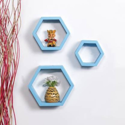 Craftylook Hexagon wooden wall shelf floating shelf MDF (Medium Density Fiber) Wall Shelf(Number of Shelves - 3, Blue)