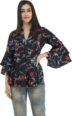 Slayout Casual Bell Sleeve Floral Print Women Black Top