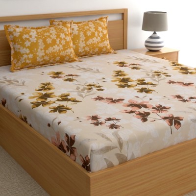 Home Ecstasy 140 TC Cotton Double Floral Flat Bedsheet(Pack of 1, Beige & mustard)