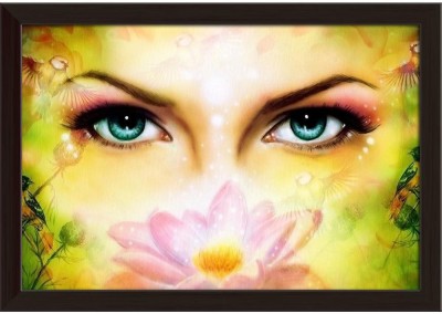 Blue Women Eyes Behind A Blooming Rose Lotus Flower Paper Poster Dark Brown Frame | Top Acrylic Glass 19inch x 13inch (48.3cms x 33cms) Paper Print(13 inch X 19 inch, Framed)