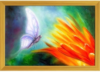 Butterfly Flying Towards A Bright Orange Flower Paper Poster Golden Frame | Top Acrylic Glass 19inch x 13inch (48.3cms x 33cms) Paper Print(13 inch X 19 inch, Framed)