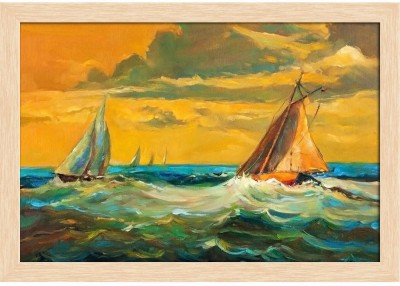 Artwork Of Sailboats & Sea Paper Poster Natural Brown Frame | Top Acrylic Glass 19inch x 13inch (48.3cms x 33cms) Paper Print(13 inch X 19 inch, Framed)