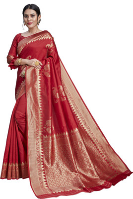 Lotshot Bazar Woven Banarasi Cotton Silk Saree(Red)