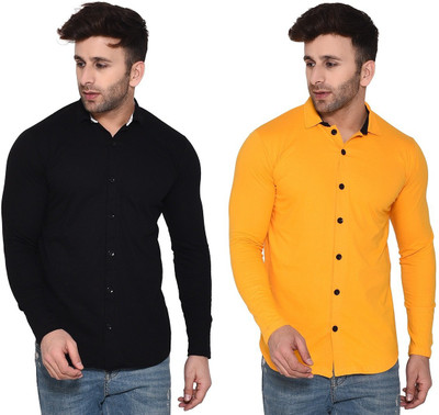 Money Leaf Men Solid Casual Black, Yellow Shirt(Pack of 2)