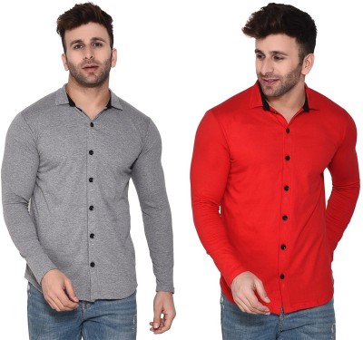 Money Leaf Men Self Design, Solid Casual Red, Grey Shirt(Pack of 2)