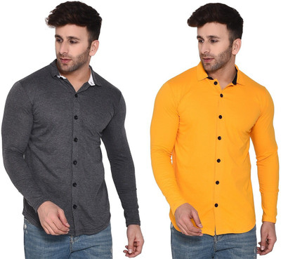 Money Leaf Men Solid Casual Grey, Yellow Shirt(Pack of 2)