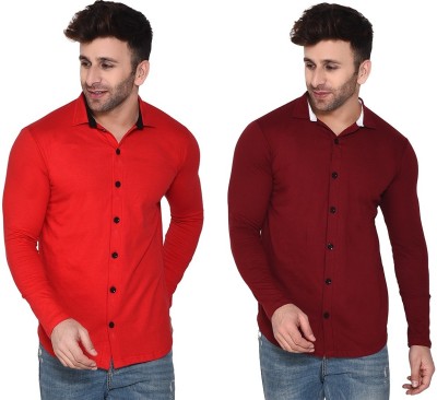 Money Leaf Men Solid Casual Red, Maroon Shirt(Pack of 2)