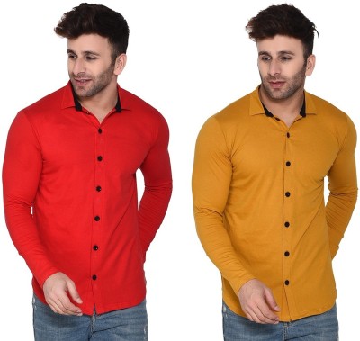 Money Leaf Men Solid Casual Red, Yellow Shirt(Pack of 2)