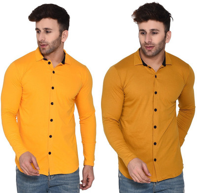 Money Leaf Men Solid Casual Gold, Yellow Shirt(Pack of 2)