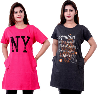 AG apparel Printed Women Round Neck Pink, Grey T-Shirt