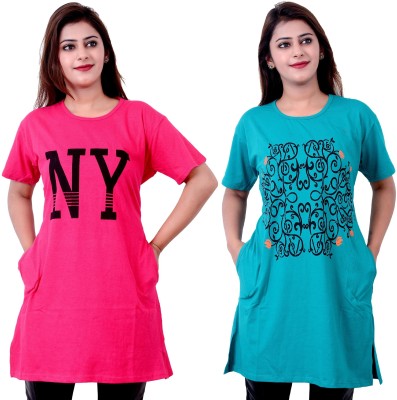 AG apparel Printed Women Round Neck Blue, Pink T-Shirt