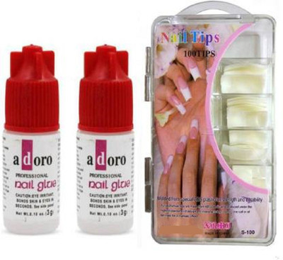 MANMORA Best Artificial 100 Tips False Nails fake nails with 2 Strong Nail Glue White white (Pack of 100) White(Pack of 100)