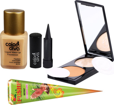 adbeni Combo - Color Foundation, Kajal, Mehndi Cone with Laperla Dual Compact Powder, Pack of 4, (GC1235)(4 Items in the set)