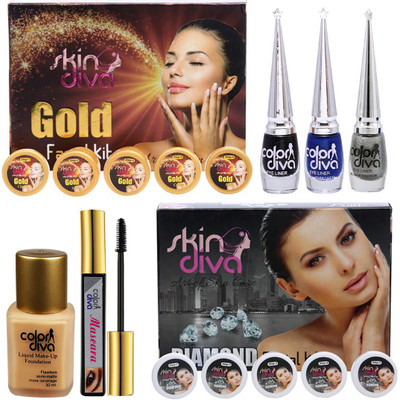 adbeni Combo - Skin Gold & Diamond Facial Kit With Color Eyeliner, Mascar & Foundation, Pack of 7, (GC1441)(7 Items in the set)