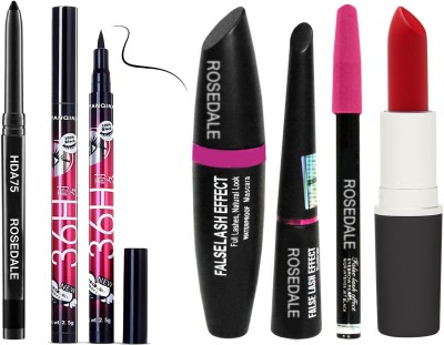 ROSEDALE Smudge Proof Makeup Beauty Kajal & Smudge Proof HDA64 Makeup Beauty Kajal & Yanqina High Quality Waterproof Liquid-Eye Liner 36H No Smudge Suitable For Contact Lens Users 3 g Deep Black & 3in1 Beauty Eyeliner , Mascara , Eyebrow Pencil & Enrich Creamy Smooth Matte Lipstick(6 Items in the se