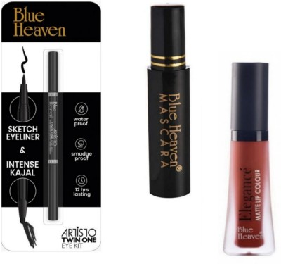 BLUE HEAVEN Artisto Twin One Eye Kit (Eyeliner + Kajal) & Mascara Regular & Elegance Matte Lipstick Red(3 Items in the set)