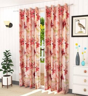 HOMECRUST 180 cm (6 ft) Satin, Polyester Room Darkening Window Curtain (Pack Of 2)(Floral, Self Design, Abstract, Printed, Red)