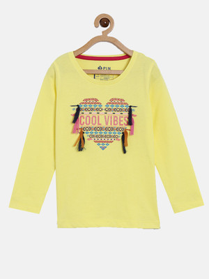 3Pin Girls Printed Pure Cotton Regular T Shirt(Yellow, Pack of 1)