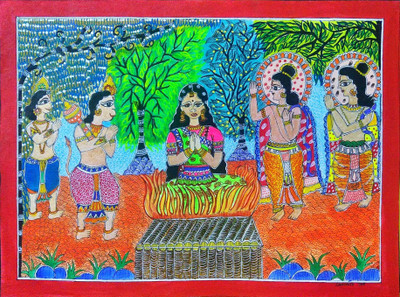 ArtDeck Madhubani painting Representing Test of Purity of Goddess Sita Acrylic 12 inch x 15 inch Painting(Without Frame)