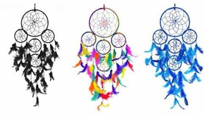 Dream Catcher 5 Rounds Dream Catcher- Black, Multi and Blue Combo (Pack of 3) Wall Hanging for Positive Energy and Protection (Big Size 55cm) - for Home/Office/Shop/Rooms Steel, Feather Dream Catcher(6 inch, Multicolor, Black, Blue)
