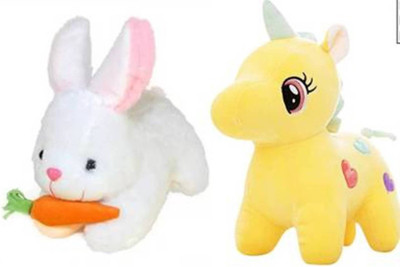 Nihan Enterprises Combo of very Stylish Unicorn Cute & Plush and Adorable Soft Stuffed Rabbit with carrot For Kids, Gift & Decoration  - 25 cm(Yellow,White)