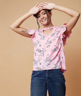 Chimpaaanzee Casual Flutter Sleeve Floral Print Women Pink Top