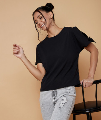 Chimpaaanzee Casual Regular Sleeve Solid Women Black Top