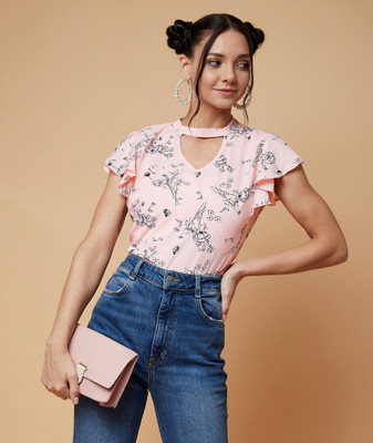 Chimpaaanzee Casual Flutter Sleeve Floral Print Women Orange Top