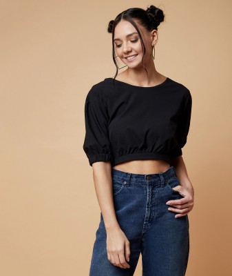 Chimpaaanzee Casual Cuffed Sleeve Solid Women Black Top