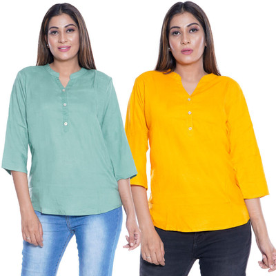 FABISHO Casual 3/4 Sleeve Solid Women Multicolor Top