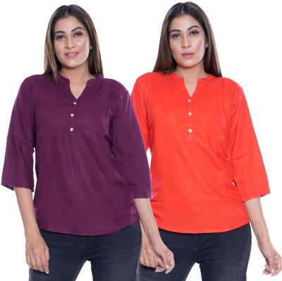 FABISHO Casual 3/4 Sleeve Solid Women Purple, Red Top