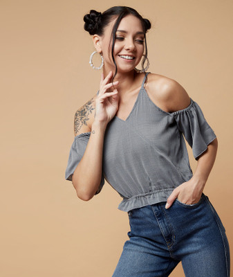 Chimpaaanzee Casual Cold Shoulder Solid Women Grey Top