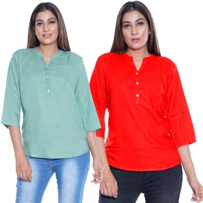 FABISHO Casual 3/4 Sleeve Solid Women Red, Green Top