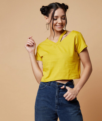 Chimpaaanzee Casual Regular Sleeve Solid Women Yellow Top