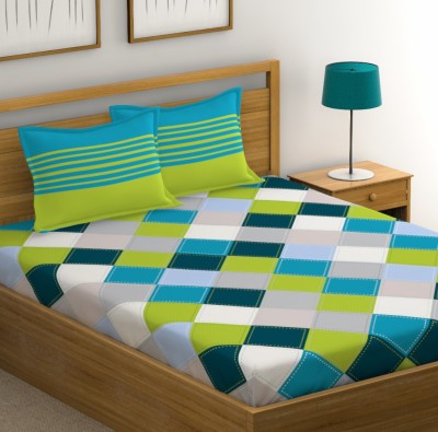 Huesland 144 TC Cotton King Checkered Flat Bedsheet(Pack of 1, Blue, Green and Grey)