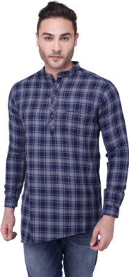 KUONS AVENUE Men Checkered Straight Kurta(Blue, Grey)