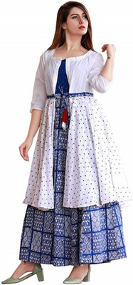 Khushrang Women Polka Print, Paisley Flared Kurta(Blue, White)
