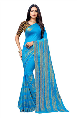 Aardiva Striped Bollywood Chiffon Saree(Light Blue)