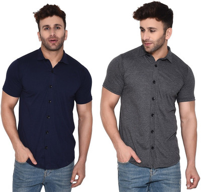 BEYOU FASHION Men Solid Casual Dark Blue, Grey Shirt(Pack of 2)
