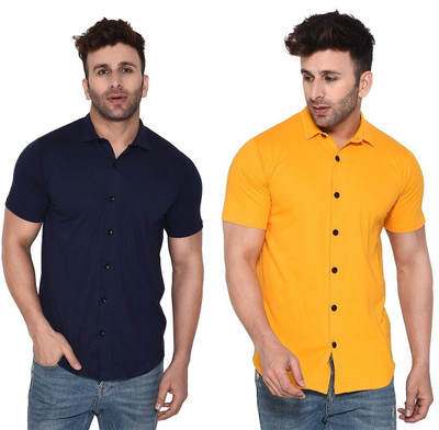 Money Leaf Men Solid Casual Dark Blue, Yellow Shirt(Pack of 2)