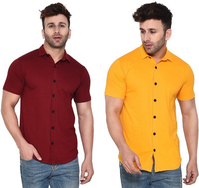 BEYOU FASHION Men Solid Casual Maroon, Yellow Shirt(Pack of 2)