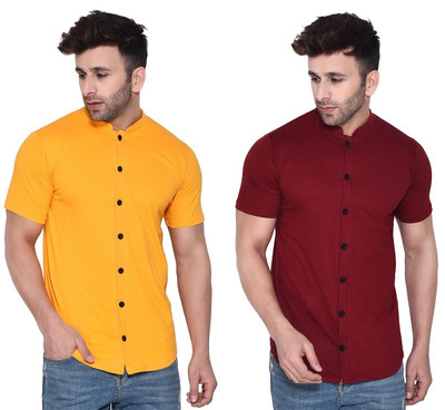 Lawful Casual Men Solid Casual Maroon, Yellow Shirt(Pack of 2)