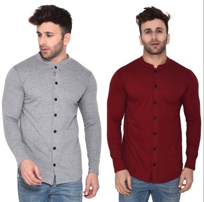 GEUM Men Solid Casual Silver, Maroon Shirt(Pack of 2)