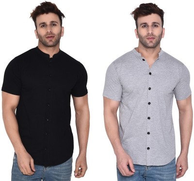 Money Leaf Men Self Design, Solid Casual Black, Grey Shirt(Pack of 2)