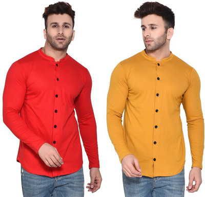 Money Leaf Men Solid Casual Red, Yellow Shirt(Pack of 2)