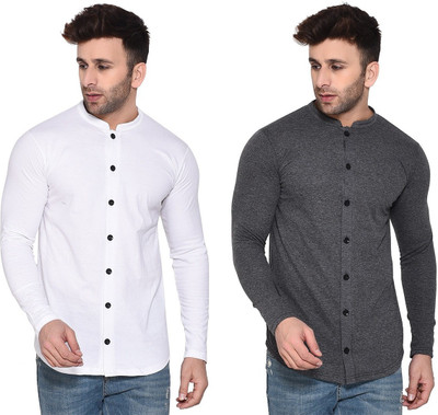 Money Leaf Men Solid Casual White, Grey Shirt(Pack of 2)