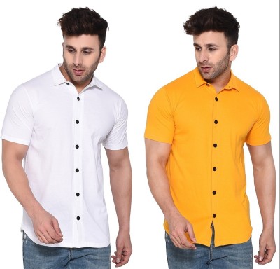 Money Leaf Men Solid Casual White, Yellow Shirt(Pack of 2)