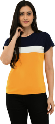 NEYSA Colorblock Women Round Neck White, Black, Yellow T-Shirt