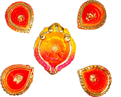 KHUSHA CREATIONS Earthenware, Terracotta (Pack of 5) Table Diya Set(Height: 1 inch)