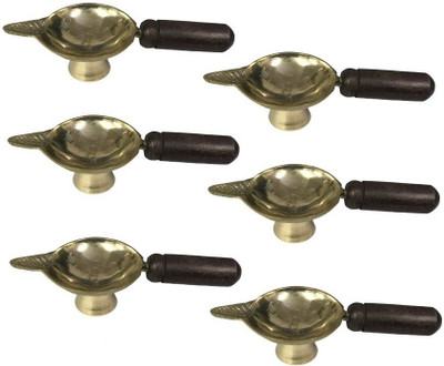 Utkarsh Pack Of 6 Pcs Pure Brass (2 No Small Size ) ASHand Laxmi Deepak Pital Diya with Wooden Grip for Pooja Purpose Brass (Pack of 6) Table Diya(Height: 1.18 inch)
